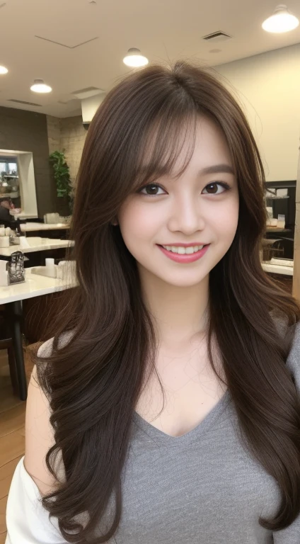 ((Morning, Best Quality, 8K, Masterpiece: 1.3, Realistic)), ((Long dark brown hairstyle, Medium Breasts: 1.2), (casual wear, ootd,), (blank background: 1.1, Daylight view), Highly detailed face and skin texture, detailed eyes, double eyelids, , sweet smile, inside a cafe, enjoying cafe and cake, ootd, instagramable