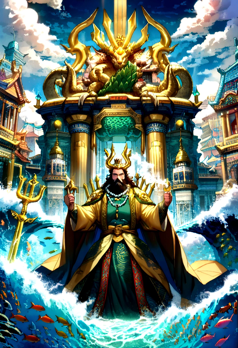 1. 中国myth, Dragon King of the East Sea, majestic, powerful, (deity:1.3), (Serpentine:1.2), (beard:0.8), (Whiskers:0.9), (Huge scale:1.5), scales, Vibrant colors, shimmering water, (Coral Reef:1.1), (Golden crown:1.2), (Dragon throne:1.4), (Flowing robe:1.1), (Dragon beard ornament:1.3), (Emerald eyes:1.2), (Pearl Necklace:1.2), (Golden Trident:1.4), (Suspension:1.1), (Sky Clouds:1.3), (Flashing bright lights:1.2), (waves crashing:1.3), (A palace full of treasures:1.5), (School of colorful fish:1.2), (Underwater city:1.4), Gorgeous, myth, Gorgeous, Extensive and detailed, standing with distance, Traditional Chinese architecture.