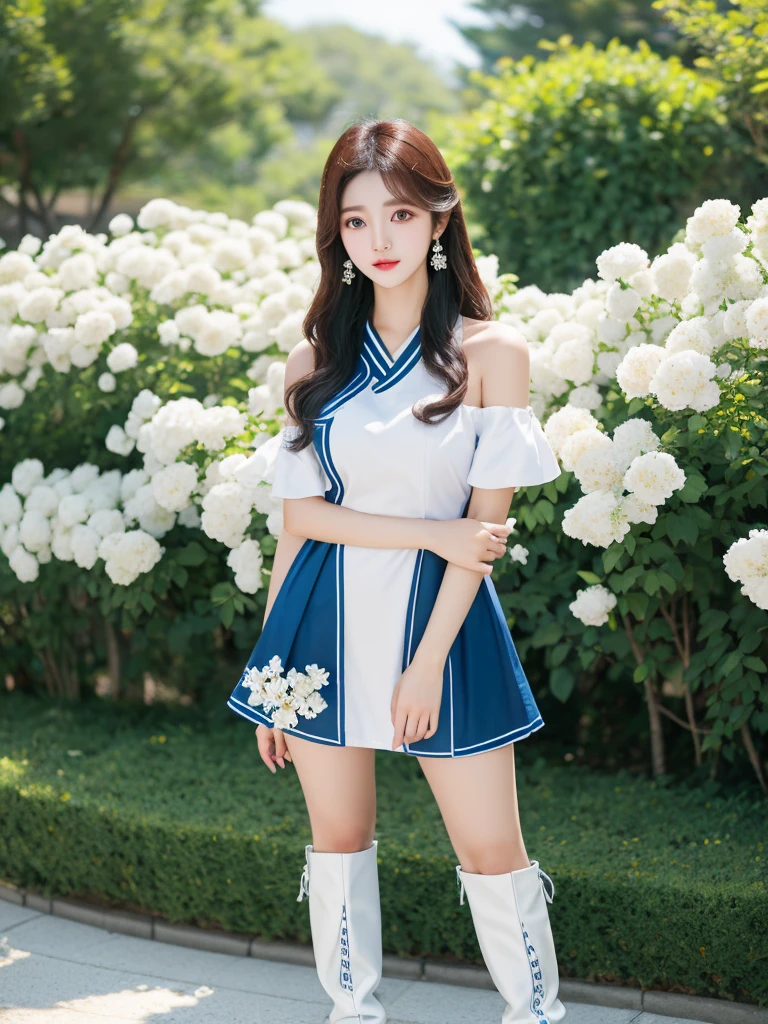 Beautiful woman wearing a blue white Wearing uniform While standing korea style clothes mini dress with decorations on the shirt and visible shoulders and wearing boots and being photographed with a background And he was in the middle of a yard filled with beautiful white flowers,Korean style swag, beautiful face so gorgeous, Beautiful eyes, y2k style,