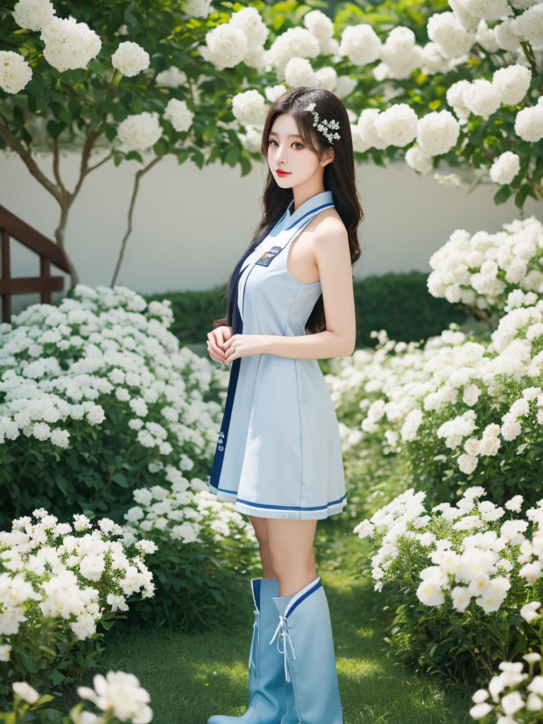 Beautiful woman wearing a blue white Wearing uniform While standing korea style clothes mini dress with decorations on the shirt and visible shoulders and wearing boots and being photographed with a background And he was in the middle of a yard filled with beautiful white flowers,Korean style swag, beautiful face so gorgeous, Beautiful eyes, y2k style,