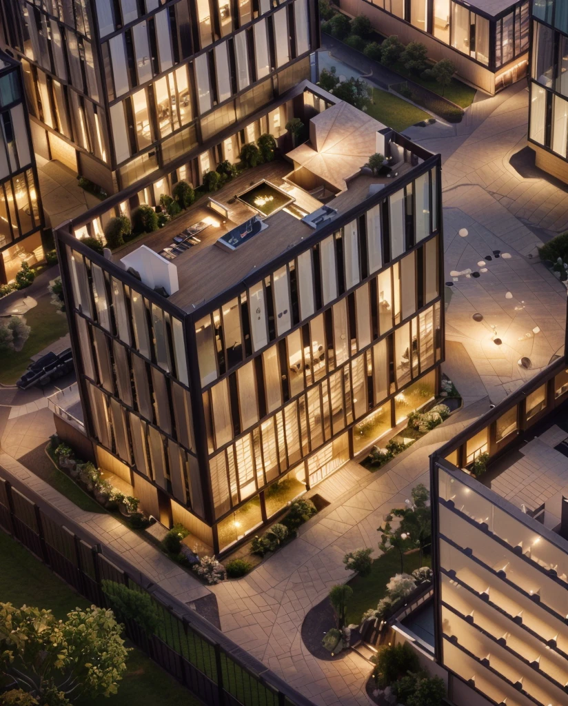 Office building at night with bright sky,Real glass curtain wall,Realistic lighting,full building, realism, Architectural renderings, Aerial View, detailed picture,Architectural Visualization,masterpiece,High Detail,HD resolution,8K,