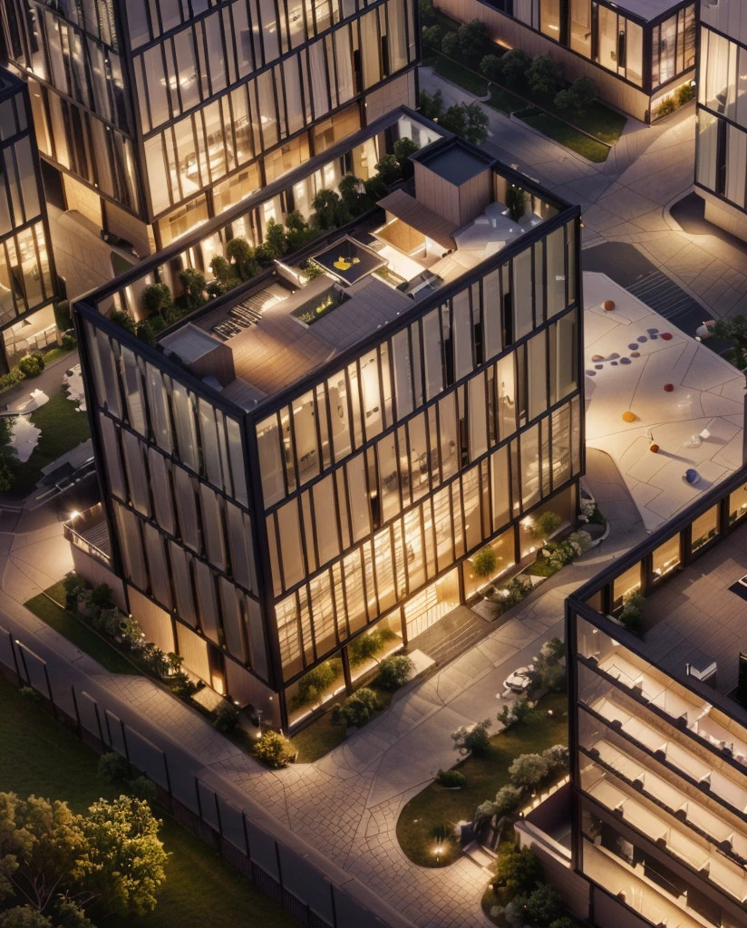 Office building at night with bright sky，Real glass curtain wall，Realistic lighting，full building, realism, Architectural renderings, Aerial View, detailed picture,Architectural Visualization，masterpiece，High Detail，HD resolution，8K，