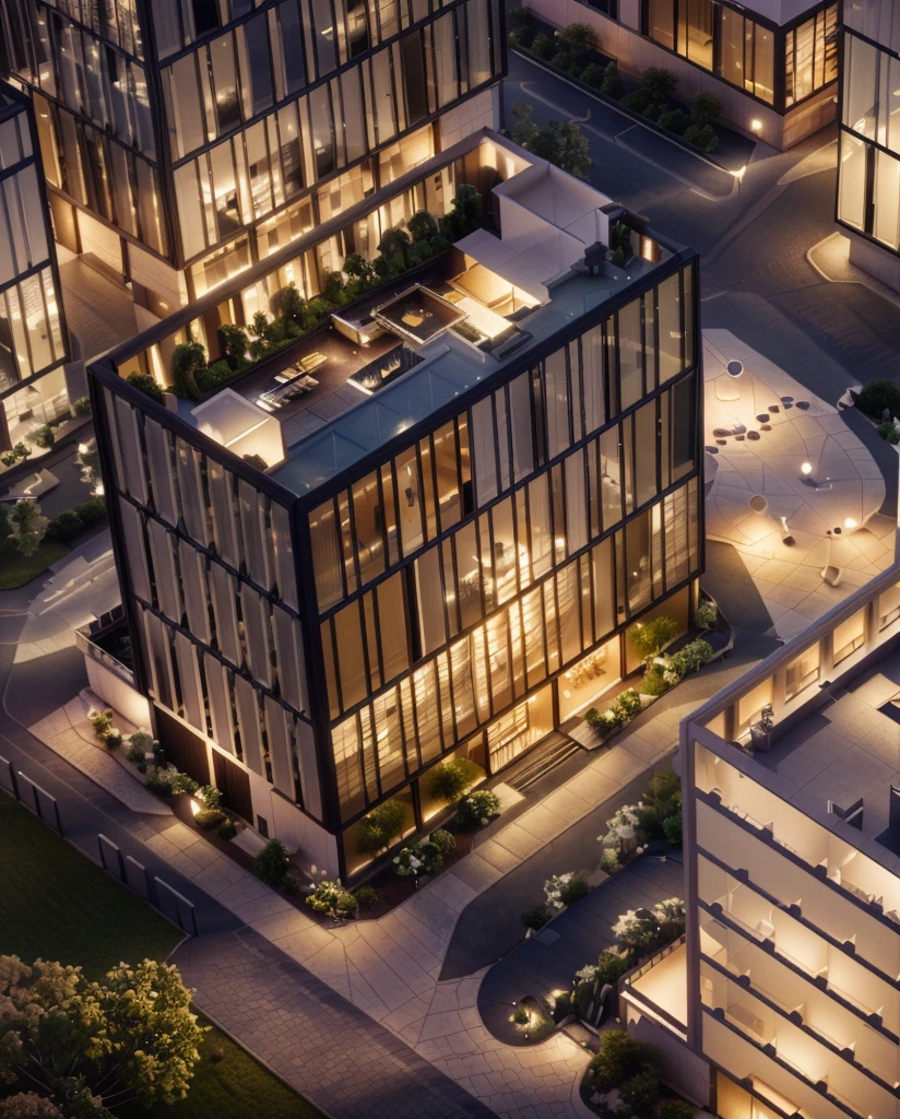 Office building at night with bright sky，Real glass curtain wall，Realistic lighting，full building, realism, Architectural renderings, Aerial View, detailed picture,Architectural Visualization，masterpiece，High Detail，HD resolution，8K，