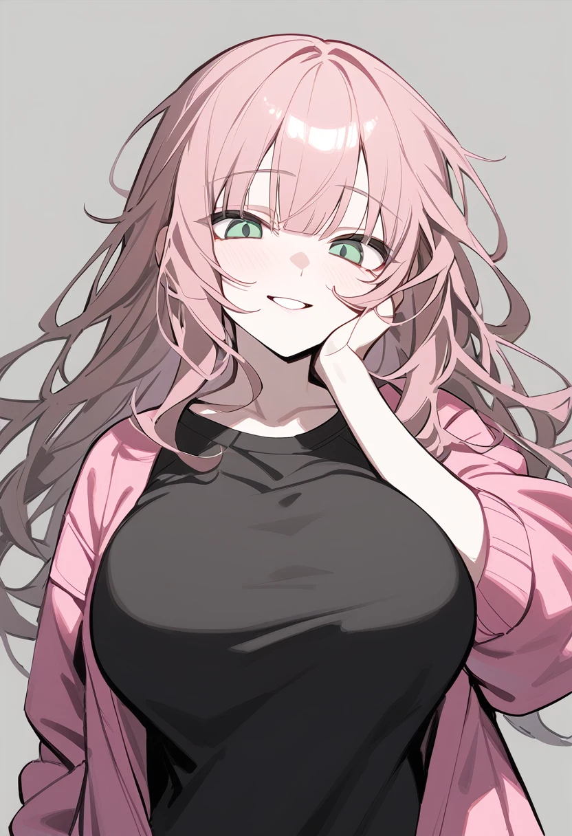1 girl, alone, adolescent, pink fur, broad, messy hair, corrugated shelter, long bangs, pale skin, green eyes, big breasts, large eyes, big open smile, stoic, standing, (Long black t-shirt, pink jacket), (Gray background, simple background), Upper part of the body, Masterpiece, Best Quality, dynamic angle, hand on his face