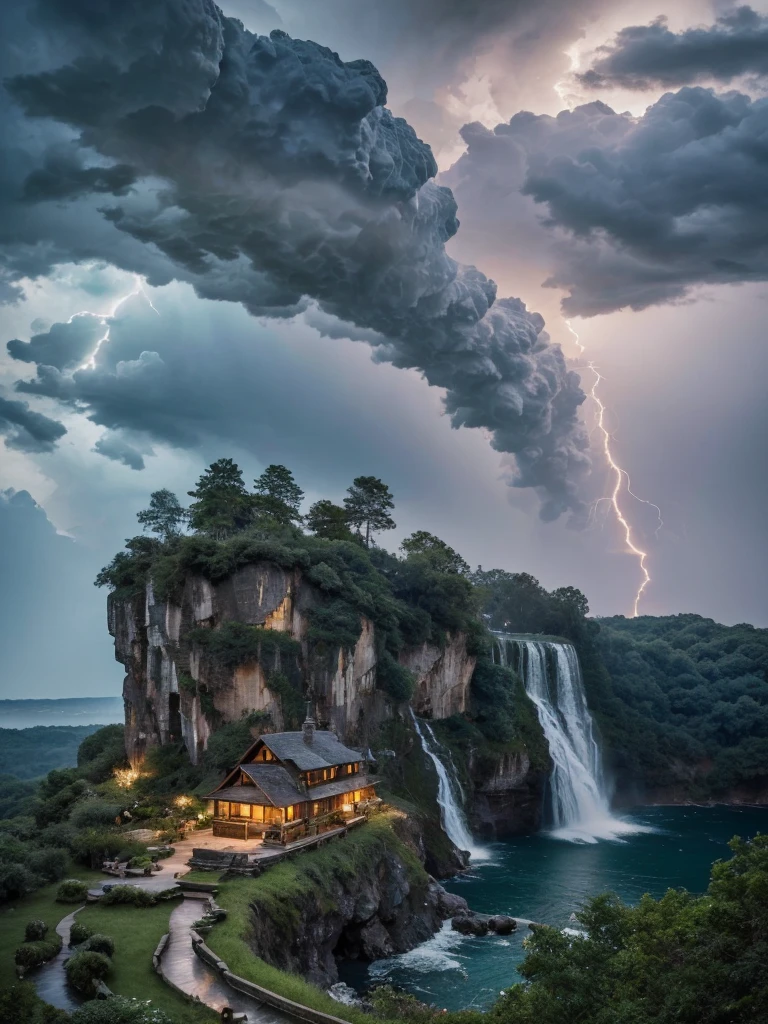 there is a house on a cliff with a waterfall in the background, with trees and waterfalls, beautiful place, beatiful house, stunning nature in background, waterfalls and lakes, with waterfalls and river, lakes and waterfalls, really beautiful nature, beautiful environment, nature in all its beauty, with waterfalls, very beautiful scenery, beautiful stunning waterfall, beautiful nature, amazing lightning art, natural lightning, creepy lightning, amazing lightning, dramatic lightening, lightning creating life, crackling with lightning, epic lightning, colossal lightning, scary lightning, beautiful lightning, lightning strikes, exquisite lightning, insane lightning, national geographic photo”, thunderstorm and fire, lightning strike,