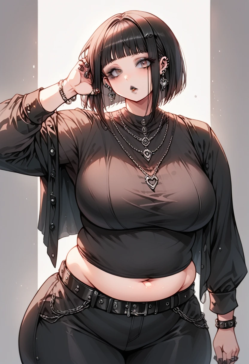 Curvy goth anime girl, overweight fat girl, pretty anime girl, beautiful chubby anime girl, big tummy, large breasts, wide hips, curvy butt, stomach rolls, stomach bump, fashionable, cool clothes, fun clothes, fashion, accessories, jacket, jewelry, bracelet, earrings, necklace, rings, accessories, belt, skirt, dress, pants, shirt, long shirt, low cut tshirt, baggy shirt, confident, cool fashionable girl, attractive, cool, hot woman, goth, alternative style, goth style, cool clothes, makeup