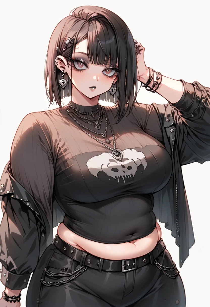 Curvy goth anime girl, overweight fat girl, pretty anime girl, beautiful chubby anime girl, big tummy, large breasts, wide hips, curvy butt, stomach rolls, stomach bump, fashionable, cool clothes, fun clothes, fashion, accessories, jacket, jewelry, bracelet, earrings, necklace, rings, accessories, belt, skirt, dress, pants, shirt, long shirt, low cut tshirt, baggy shirt, confident, cool fashionable girl, attractive, cool, hot woman, goth, alternative style, goth style, cool clothes, makeup