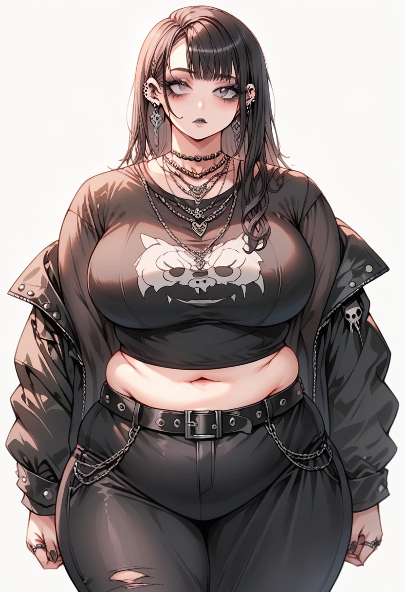 Curvy goth anime girl, overweight fat girl, pretty anime girl, beautiful chubby anime girl, big tummy, large breasts, wide hips, curvy butt, stomach rolls, stomach bump, fashionable, cool clothes, fun clothes, fashion, accessories, jacket, jewelry, bracelet, earrings, necklace, rings, accessories, belt, skirt, dress, pants, shirt, long shirt, low cut tshirt, baggy shirt, confident, cool fashionable girl, attractive, cool, hot woman, goth, alternative style, goth style, cool clothes, makeup