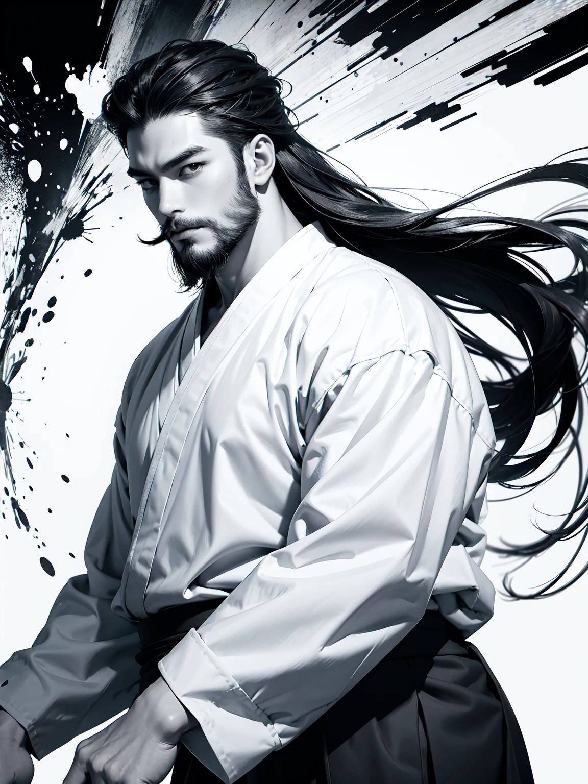 monochrome, ink sketch, 1boy, asian (middle age man), (long beard, facial hair), fighting stance, looking at viewer, long hair, floating hair, hanfu, chinese clothes, long sleeves, (abstract ink splash:1.2), white background
 