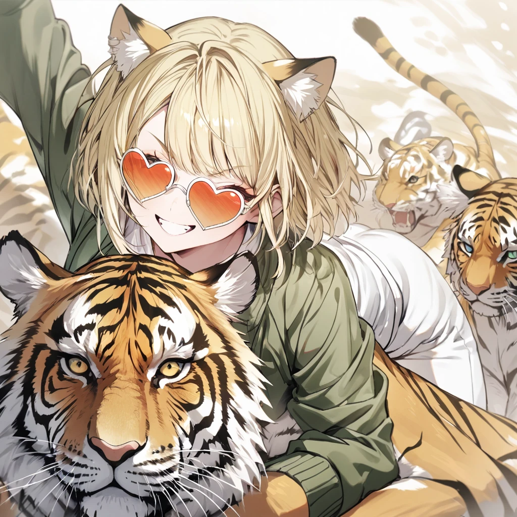 Heart-shaped sunglasses, green jacket, short blonde hair, white shirt, white pants, tiger