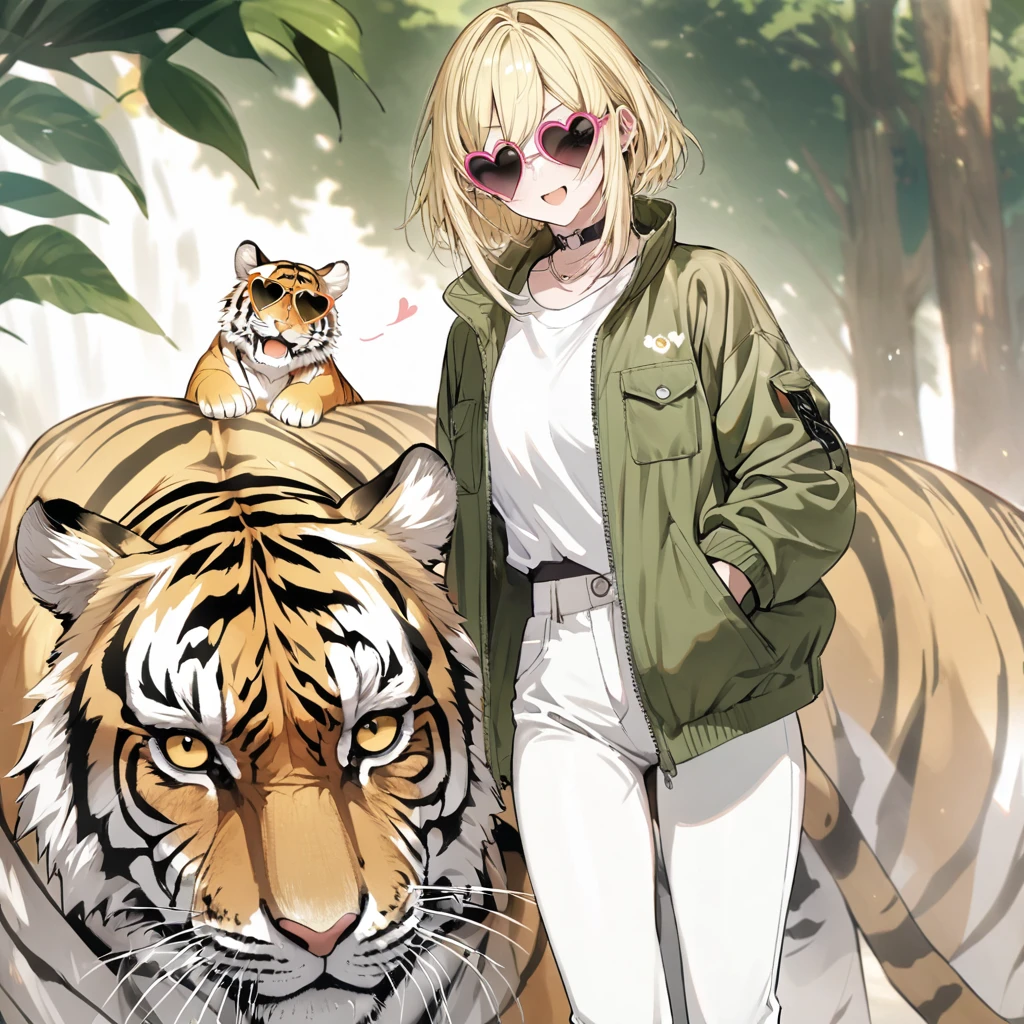 Heart-shaped sunglasses, green jacket, short blonde hair, white shirt, white pants, tiger