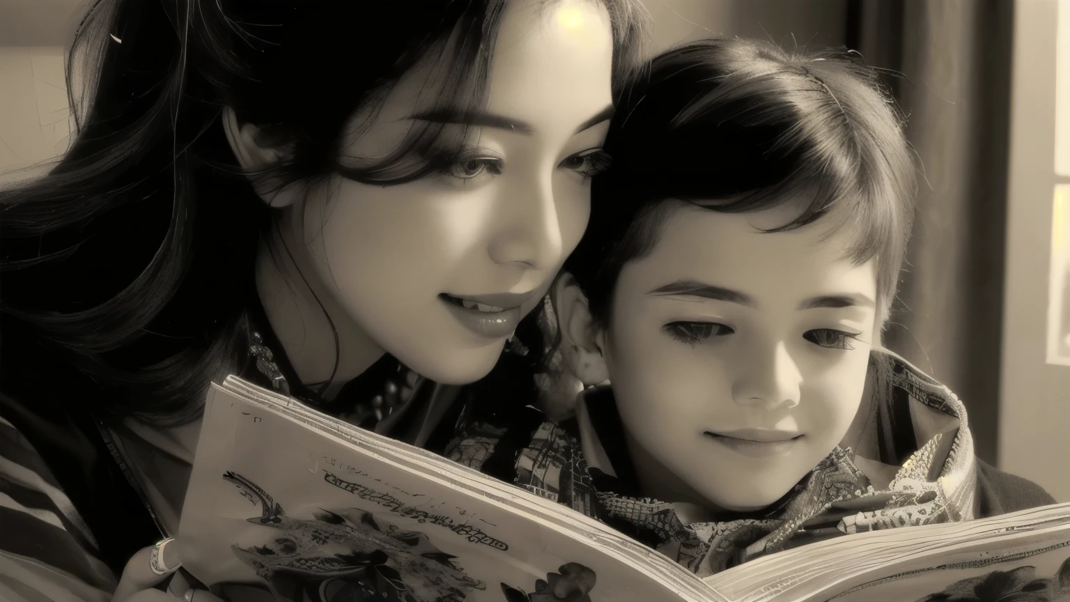 in black and white photo,Arafat's mother is reading to her, author:Yang J, author:Ju Lian, author:Li Song, Cute numbers, Artwork in the style of Guweiz, Digital Cartoon Art, Inspired by Han Yonghao, by Cao Buxing, Beautiful digital artwork, by Zhou Wenjing, Martin Ansing Artwork Portrait