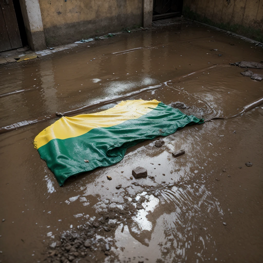 Brazilian flag in the mud and dirty, in a favela in São Paulo or in a city on the street. She on the floor, dirty and like and with cloudy weather or something. But I just want her, I don't want any people. I also want it in high resolution and with a large image!