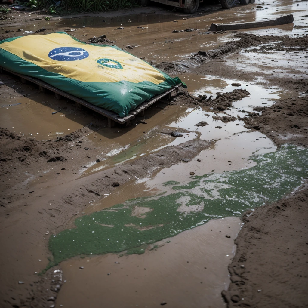 Brazilian flag in the mud and dirty, in a favela in São Paulo or in a city on the street. She on the floor, dirty and like and with cloudy weather or something. But I just want her, I don&#39;t want any people. I also want it in high resolution and with a large image!