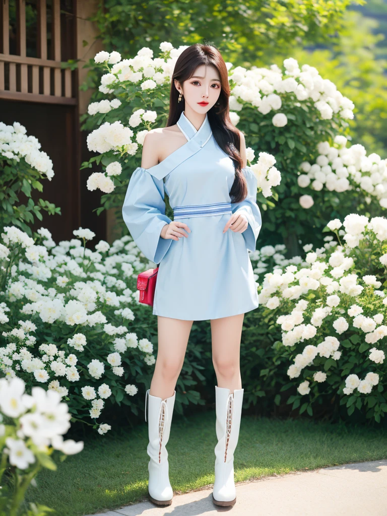 Beautiful woman wearing a blue white Wearing uniform While standing korea style clothes mini dress with decorations on the shirt and visible shoulders and wearing boots and being photographed with a background And he was in the middle of a yard filled with beautiful white flowers,Korean style swag, beautiful face so gorgeous, Beautiful eyes, y2k style,