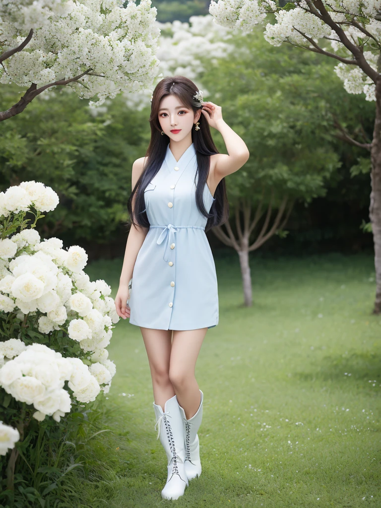 Beautiful woman wearing a blue white Wearing uniform While standing korea style clothes mini dress with decorations on the shirt and visible shoulders and wearing boots and being photographed with a background And he was in the middle of a yard filled with beautiful white flowers,Korean style swag, beautiful face so gorgeous, Beautiful eyes, y2k style,