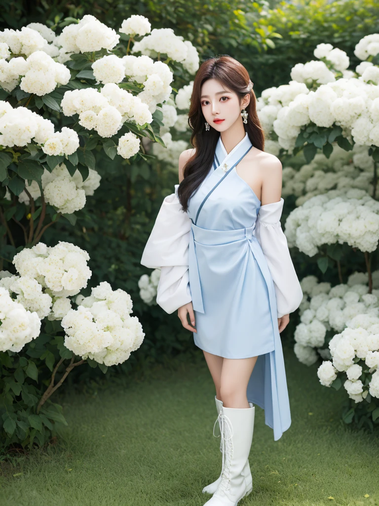 Beautiful woman wearing a blue white Wearing uniform While standing korea style clothes mini dress with decorations on the shirt and visible shoulders and wearing boots and being photographed with a background And he was in the middle of a yard filled with beautiful white flowers,Korean style swag, beautiful face so gorgeous, Beautiful eyes, y2k style,