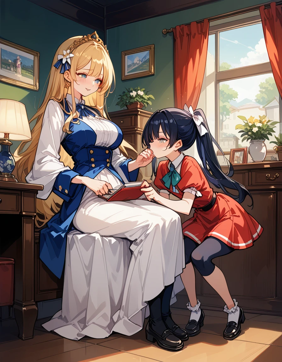 score_9, score_8_up, score_7_up, source_アニメ, highest quality, masterpiece, 1girl and 1boy, (1boy femnin, otokonoko, femboy, long hair), futa is male, futa is bigger, femdom, forced, uncensored, Crossdresser gives blowjob to futanari girl's penis