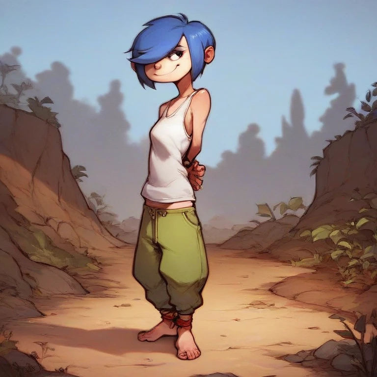 mariek, blue hair, short hair, hair over one eye, 1girl, solo, smile, green pants, tank top,standing, barefoot, tied ankles together, ,outdoors,looking at viewer,arms behind back,      zPDXLxxx