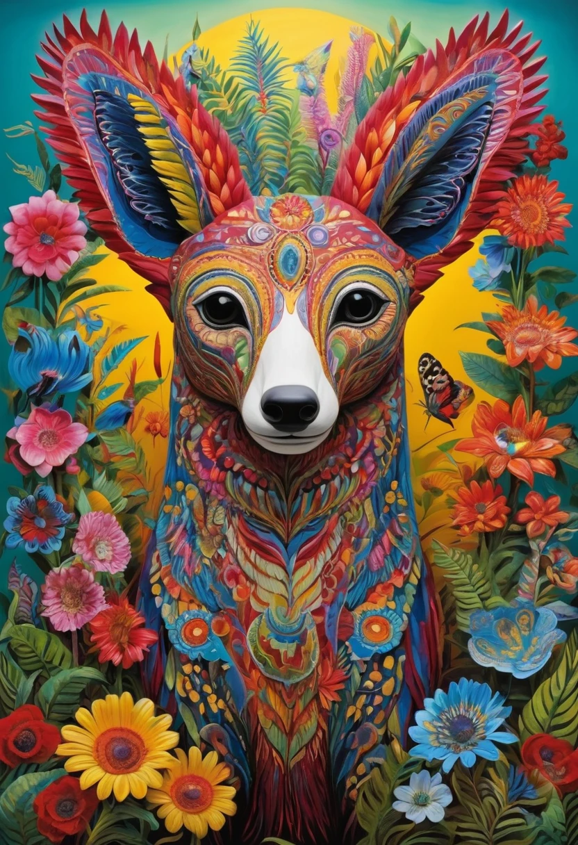 Le futur génie génétique intégrera les organismes vivants dans son artwork d’art, Covered by wildlife, flora. Alebrije, head of&#39;artwork, hyper HD, Vue axonométrique, jungles. cyberpunk