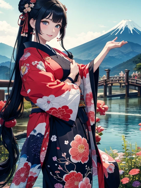 (Highest quality、masterpiece、High resolution、8K)、Ukiyo-e、Vibrant colors、Katsushika Hokusai、1 female、Black hair Japanese topknot、whole body、着物は和装で白地に鮮やかなflower柄模様、Official Art、背景はUkiyo-e風、White waves,Fuji Mountain,flower,moon,cloud,