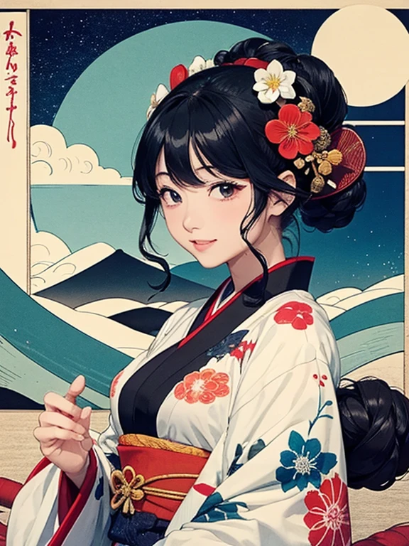 (Highest quality、masterpiece、High resolution、8K)、Ukiyo-e、Vibrant colors、Katsushika Hokusai、1 female、Black hair Japanese topknot、whole body、着物は和装で白地に鮮やかなflower柄模様、Official Art、背景はUkiyo-e風、White waves,Fuji Mountain,flower,moon,cloud,