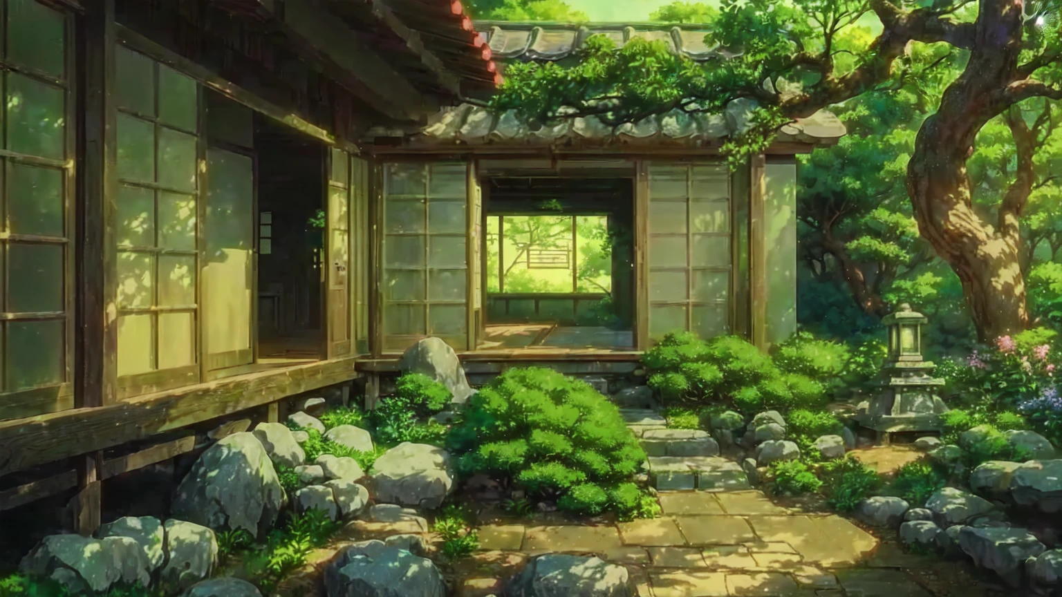 anime scenery of a japanese garden with a stone bench and a tree, anime background art, studio ghibli environment, studio ghibli sunlight, greg rutkowski studio ghibli, studio glibly makoto shinkai, beautiful anime scene, ghibli spirited away vibe, studio ghibli smooth concept art, anime beautiful peace scene, makoto sinkai, studio ghibli landscape