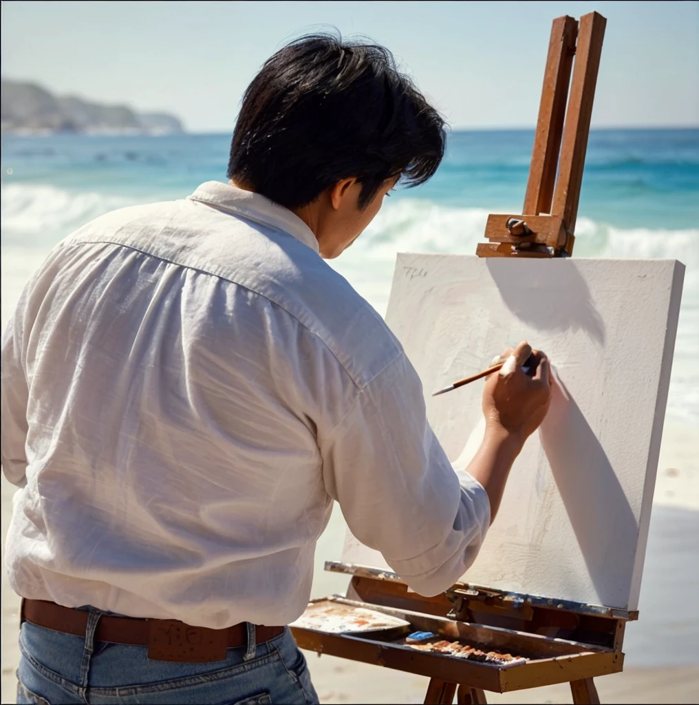 Generate an image of a 30-year-old Vietnamese male artist painting an oil painting on the beach. He has short black hair, wearing a white shirt and jeans, and is holding a paintbrush in one hand while standing in front of an easel. The scene is set on a sunny day with the artist deeply focused on capturing the beauty of the beach with gentle waves and a clear blue sky in the background.