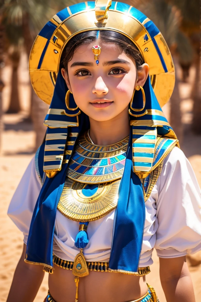 Highest quality, 8K, Very delicate and beautiful, Highly detailed face and skin texture, Shiny skin, High resolution, Very cute 14 year old girl in Egyptian costume standing in the desert, Sharp focus、Ultra detailed nipples