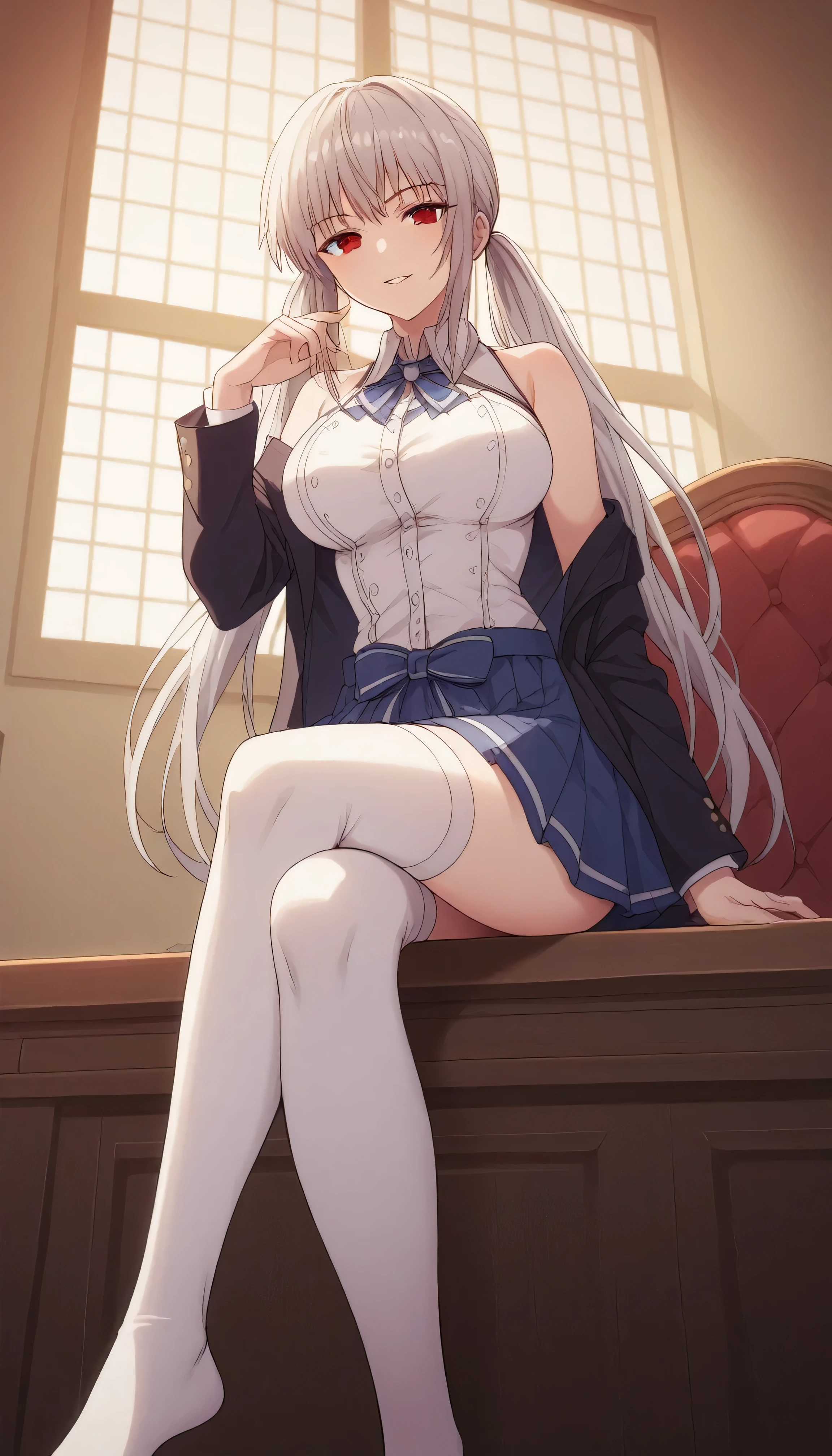 1girl, solo, full length, long hair, twintails, large breasts, looking at viewer, legs, hand, bangs, smile, parted lips, heterochromia, red eyes, blue eyes, sitting, arrogant smile, legs, stockings, indoors, on the chair, black blazer, white shirt, classic shirt, shirt under blazer, blue skirt, short skirt, pleated skirt, white stockings, feet, right hand up to mouth, crossing legs, large breasts, low twintails, best quality, detailed, bare shoulders