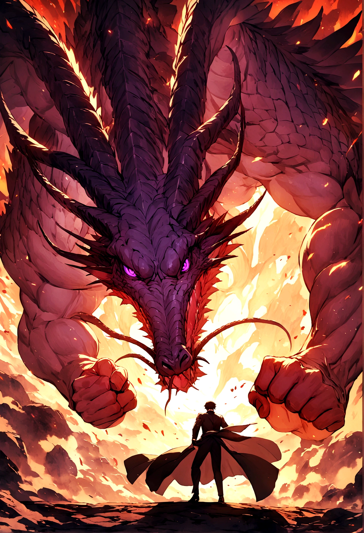 Boy he has purple eyes and fit body punching a big dragon in front of him