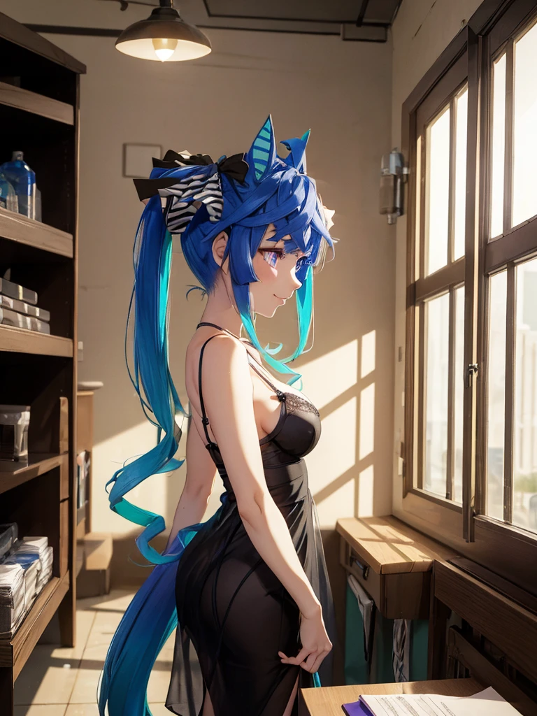 (masterpiece、top-quality、hight resolution), A scene in which a customer meets a designated sex worker in a waiting room. The scene is seen from the customer's point of view and depicts the sex worker approaching with a professional and friendly smile. The waiting room is simple and has a rugged atmosphere. The sex worker is wearing an attractive outfit and is confident and charming. The sex worker says to the customer, "I'm not a sex worker. Thank you for your appointment. Please come this way." Twin_Turbo_Umamusume, aqua hair, twintails, heterochromia, purple eyes, blue eyes, sharp teeth, multicolored hoodie, hores tails, nsfw, ((slip dress, alone, 1girl))