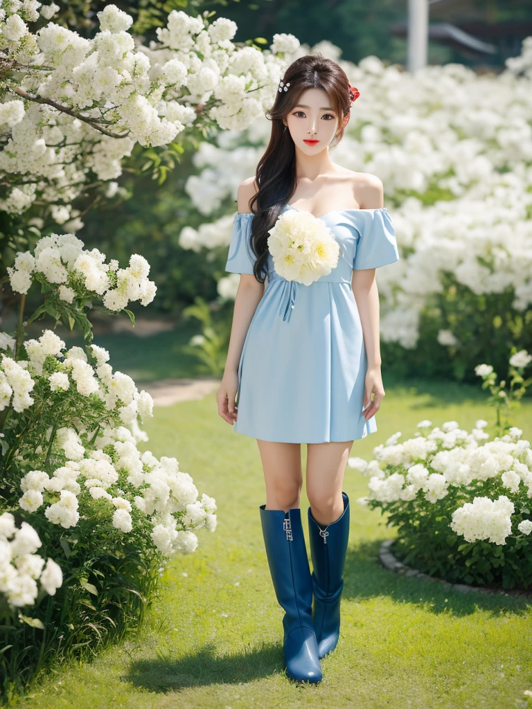Beautiful woman wearing a blue white Wearing uniform While standing korea style clothes mini dress with decorations on the shirt and visible shoulders and wearing boots and being photographed with a background And he was in the middle of a yard filled with beautiful white flowers,Korean style swag, beautiful face so gorgeous, Beautiful eyes, y2k style,