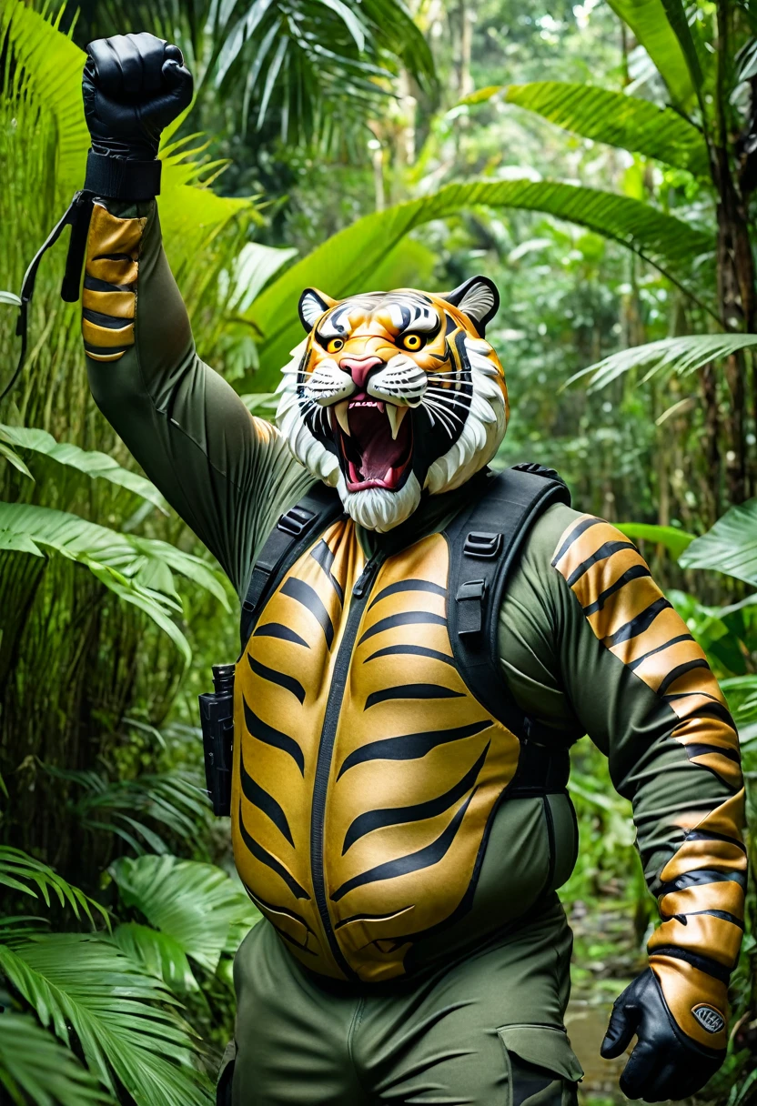 (a dark-skinned bearded fat old man in army camouflage zipper diver suit) (wearing proportionate realistic roaring tiger mask that show the wearer eyes), raising fist, carrying a gun holster on his right hip, walking in jungle, muscular, Basuki Abdullah, sumatraism, muscular physique, imposing stature, action, a character portrait, heroic, fierce, snarling, best quality