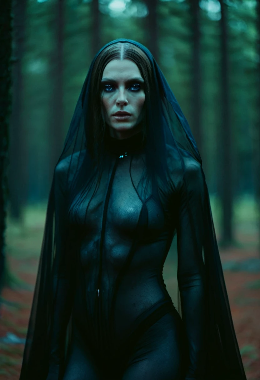 Fashionable of androgynous alien looking witch wearing veil, glowing eyes, beautiful evil slavic muscular woman, pale skin, long hair, futuristic design, minimal details, givenchy, photoreal, 200mm, hd, f/ 2.0, against the background of a spruce forest, highly detailed, surreal , drop dead, in the style of red and blue, (intricate details, hyperdetailed:1.15) (skin texture:1.2), cinematic, professional, 4k, (((dynamic model pose))), sitting, full body, mesmerizing, dynamic, dramatic, sensual, dynamic pose, highly detailed skin with hair, subcutaneous veins, light and shadow play, highly detailed,24mm photograph, film, bokeh, professional, 4k,