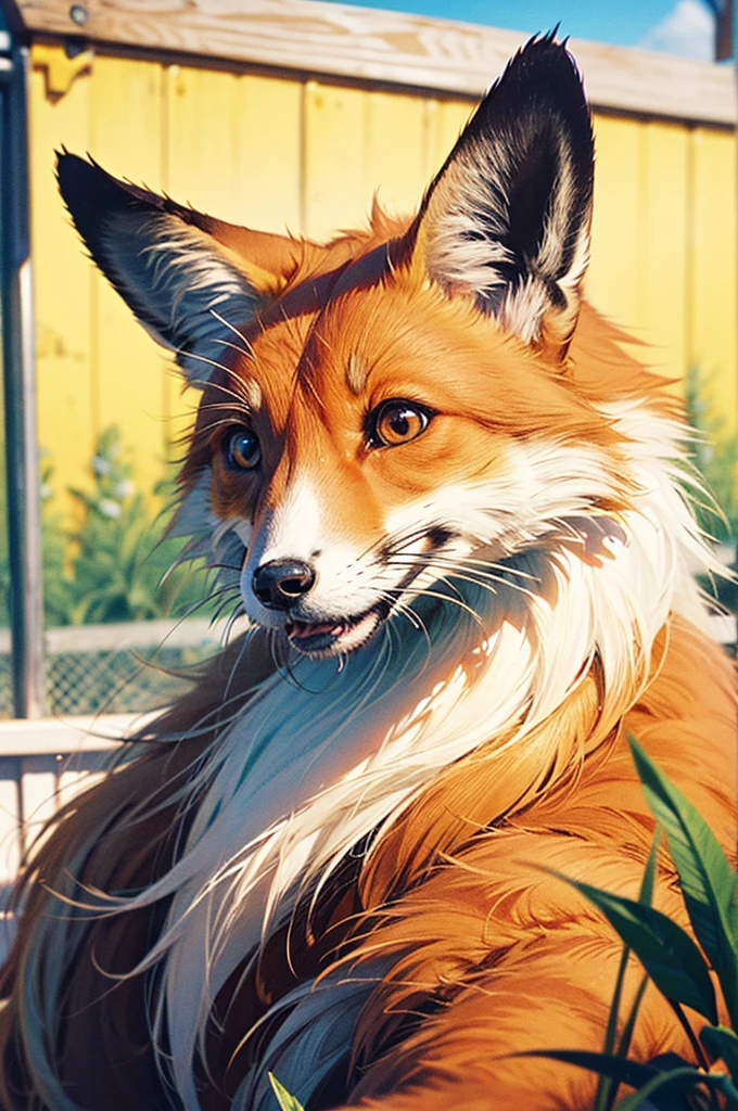 a female zoo administrator, 22yo, feeding fox, Super high saturation, bright and vivid colors, Smile, high details, super detail, highres, (best quality, masterpiece, Representative work, official art, Professional, 8k)