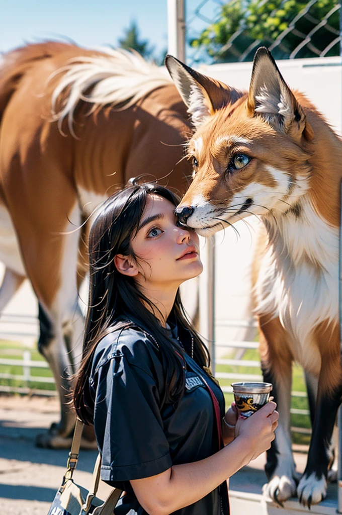 a female zoo administrator, 22yo, feeding fox, Super high saturation, bright and vivid colors, Smile, high details, super detail, highres, (best quality, masterpiece, Representative work, official art, Professional, 8k)