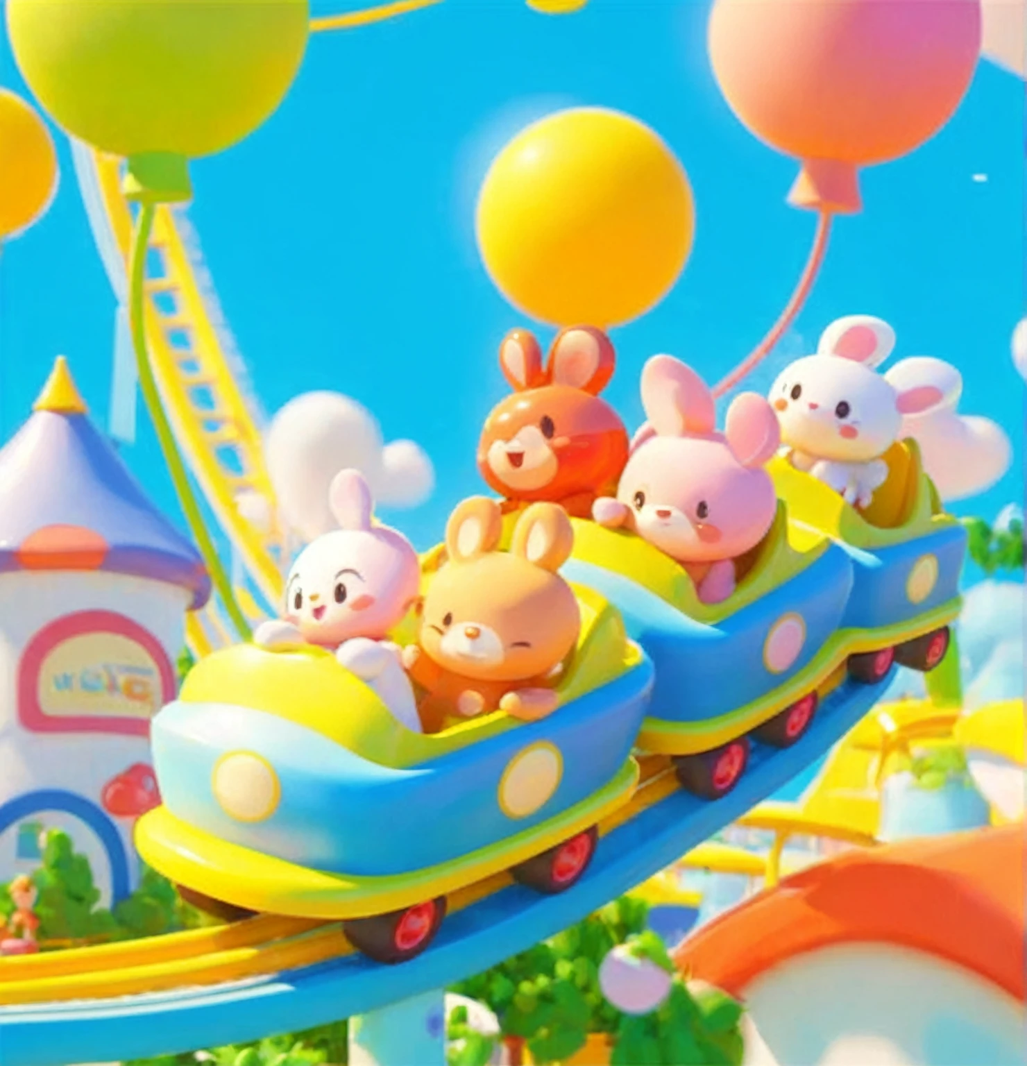 Cartoon cute Q version 3D roller coaster，There are two roller coasters，Cartoon style is very cute and adorable.，White background，Focus on roller coaster