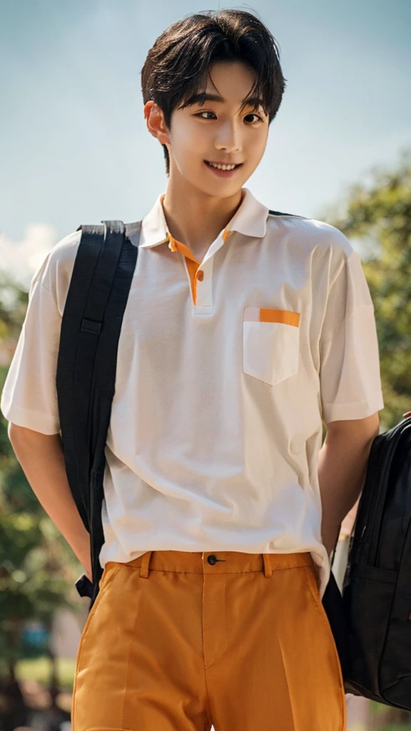 1boy, short black hair, black eyes, smiling lips, wearing an orange polo shirt, brown shorts, white shoes, and a dark blue backpack, highly detailed,high budget,masterpiece,best quality,perfect anatomy,very aesthetic,8k,