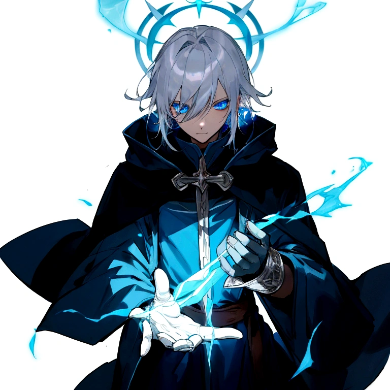 Sorcerer Divine Soul man, he has a silver hair and blue eyes, he wear a hood and wear gloves.

