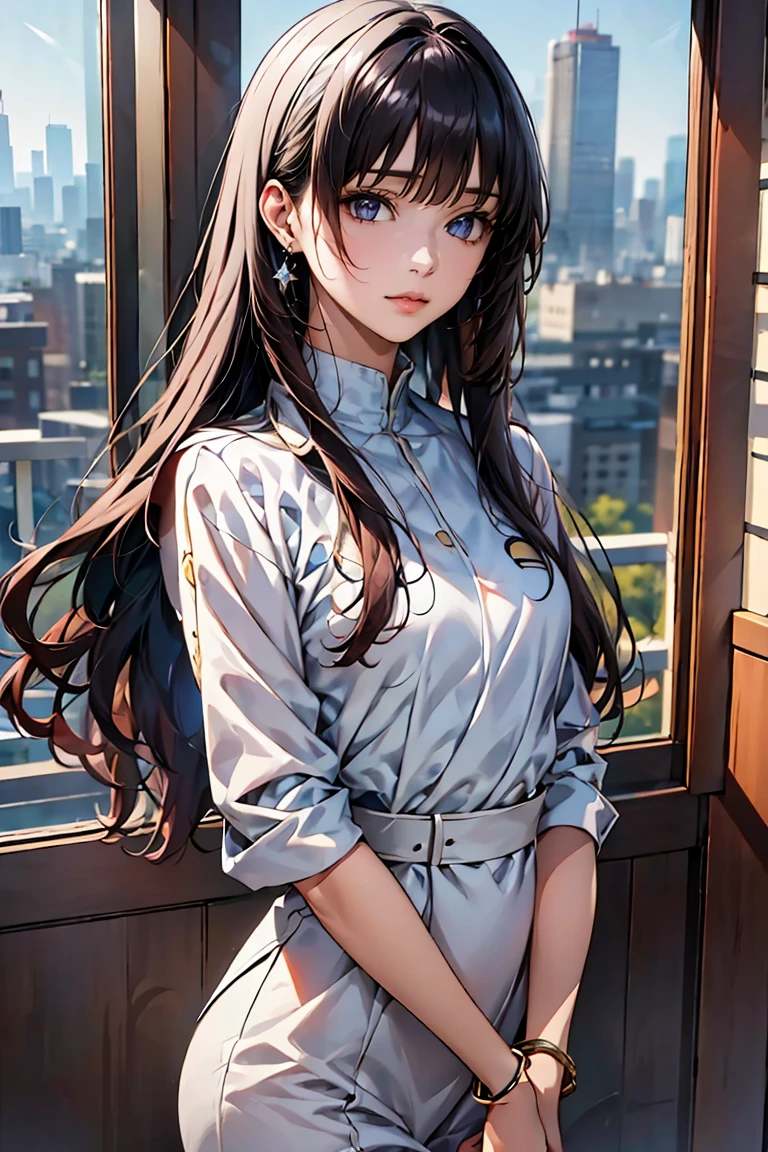 「A 20-year-old young female pilot、Height: 165cm、(Long wavy silver hair:1.8, Deep purple eyes)。With skin as white as porcelain、His calm and intelligent expression exudes kindness.。Wearing an elegantly designed futuristic suit、Silver and purple accents。A shiny bracelet on his left wrist、She has a small earring in her right ear.。The background is a futuristic cityscape seen from a room in a high-rise building.、Outside the window, the night city spreads out。In a standing position、Hold the window frame lightly with one hand、Gazing into the distance。He exudes an air of keen intelligence and deep compassion.。」)