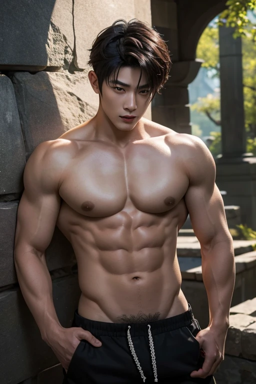 ((best quality)), ((Masterpiece)), (details), super realistic, super detailed, human skin, 1 Zhang ling He Chainesee super star ,super naked male model male full body standing at the ancient wall, full naked, expose the big penis , Height 190 cm, Muscular but slender, Dark short curly hair and hairy body, Dark black piercing big eyes, hairy chest, no shirt only pants,l hugged his abdominal muscles, Crazy details, Facial details, Maximum magnification, Surreal exaggeration, light, Telephoto, Light synthesis of intricate details, High Detail, High Detail, number, Art Station, Concept Art, Smooth focus, sharp, illumination, Unreal Engine 5, 8K, artwork: Japanese top male model, lu jung ki, Korean handsome man, ultra HD, 8K, men's only show .8Kultra HD, SLR camera, Low light, high quality, light texture, Fuji Illumination XT3, Male fans, Model 2, A face full of enjoyment, long big dick masturbate, huge penis, cumshot, big ass