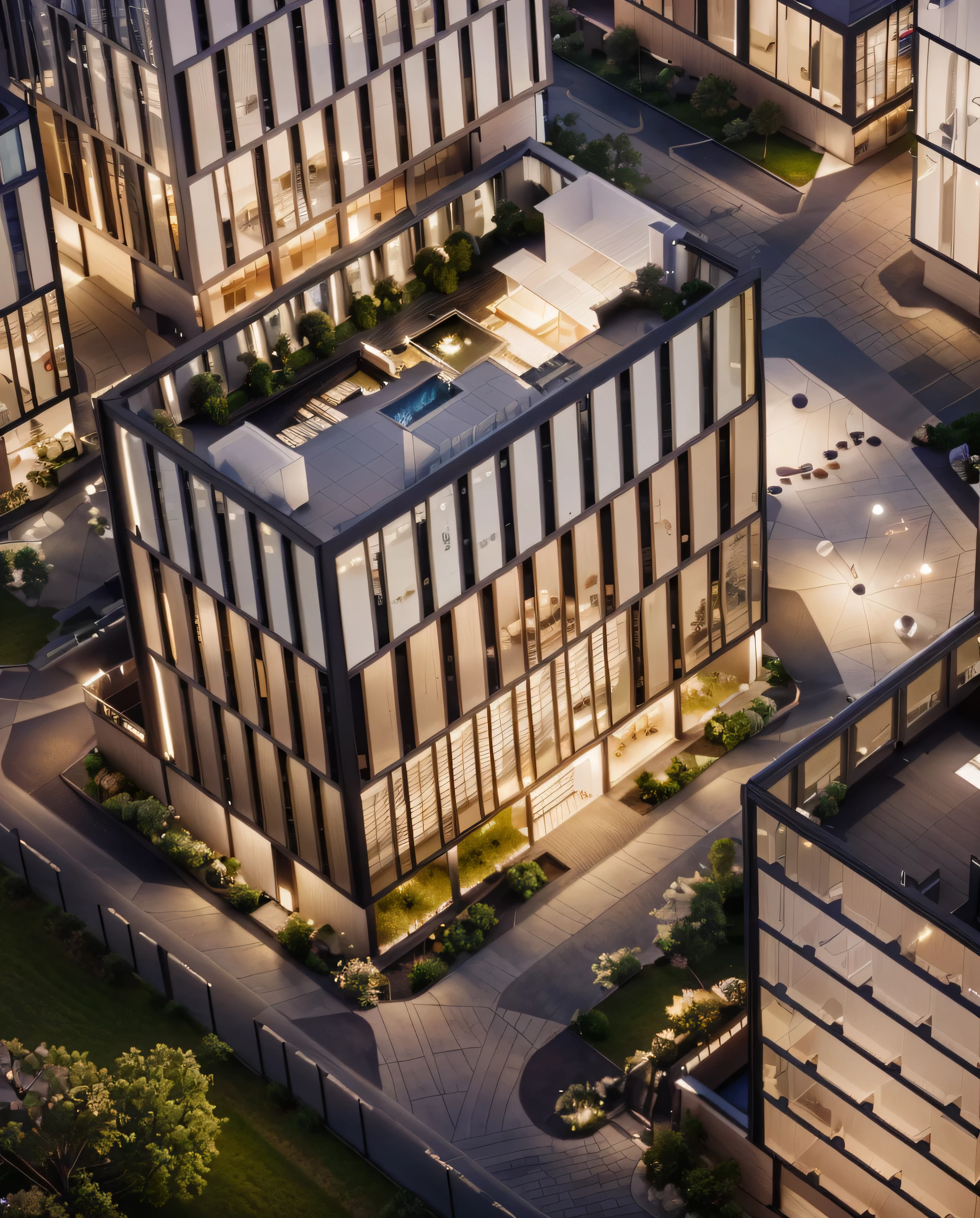 Office building at night with bright sky，Real glass curtain wall，Realistic lighting，full building, realism, Architectural renderings, Aerial View, detailed picture,Architectural Visualization，masterpiece，High Detail，HD resolution，8K，