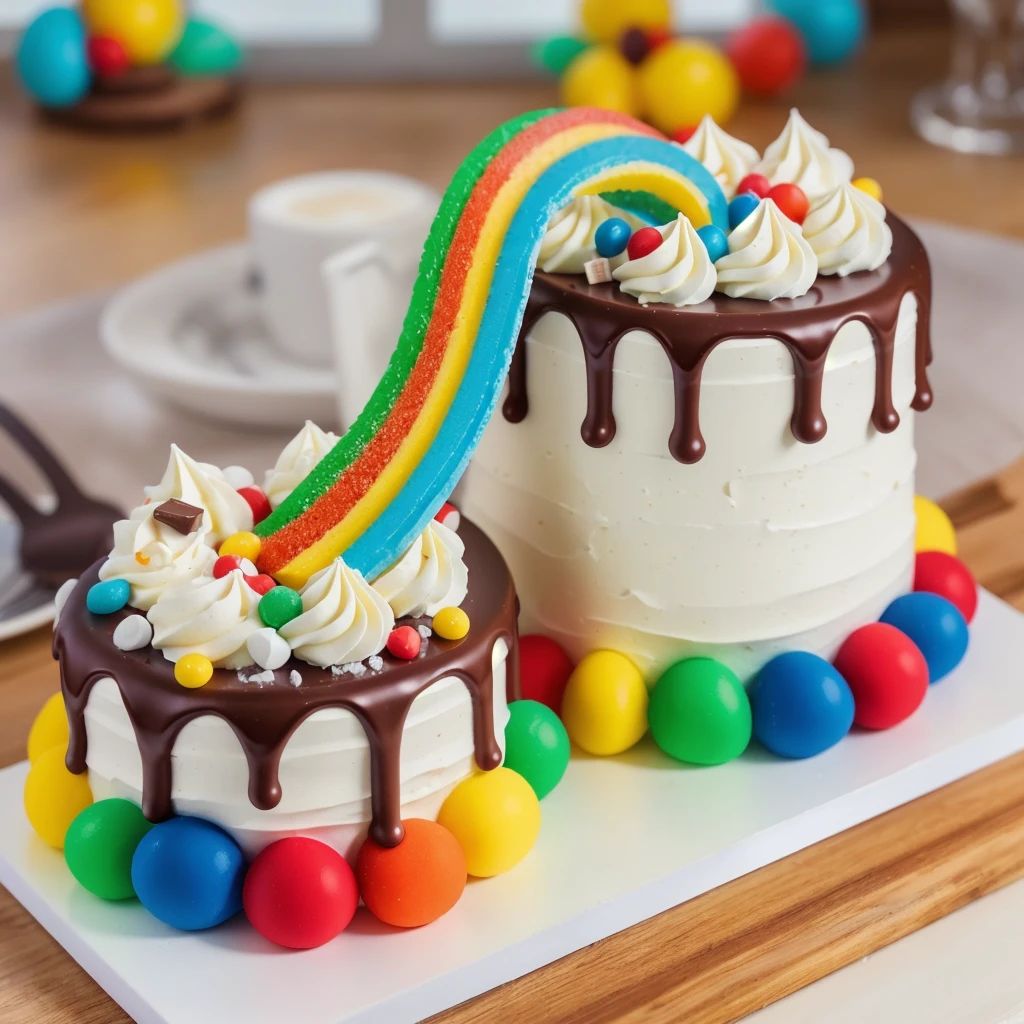 on a wooden table, on a porcelain plate, two cakes made of white cream, sugar candies on the bottom, chocolate ganache on the cake, white swirls on the chocolate ganache, window light, bright lights, soft light, window light, professional lighting, light from the window, neat light, realistic texture, realistic style, detailed texture, high quality, high resolution, high quality rendering, realistic photo, brightning light, macro photo