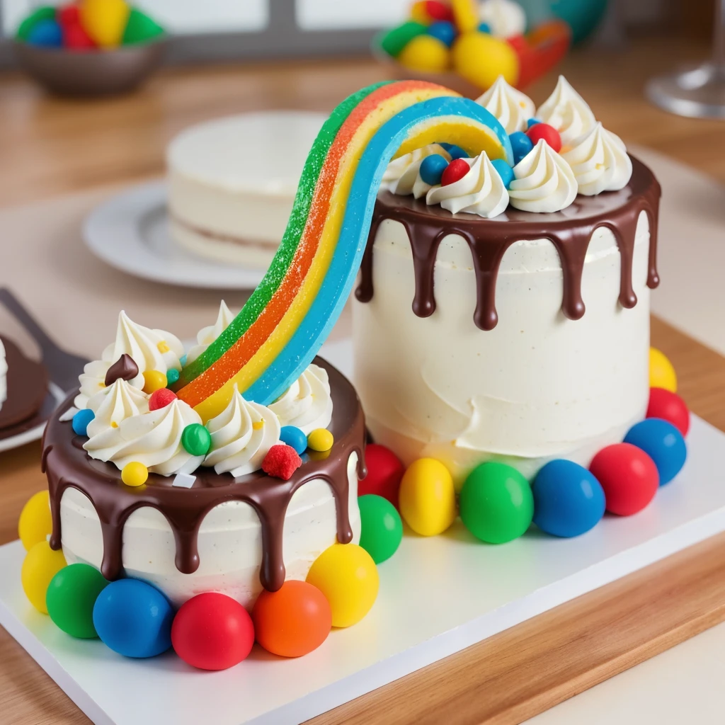 on a wooden table, on a porcelain plate, two cakes made of white cream, sugar candies on the bottom, chocolate ganache on the cake, white swirls on the chocolate ganache, window light, bright lights, soft light, window light, professional lighting, light from the window, neat light, realistic texture, realistic style, detailed texture, high quality, high resolution, high quality rendering, realistic photo, brightning light, macro photo