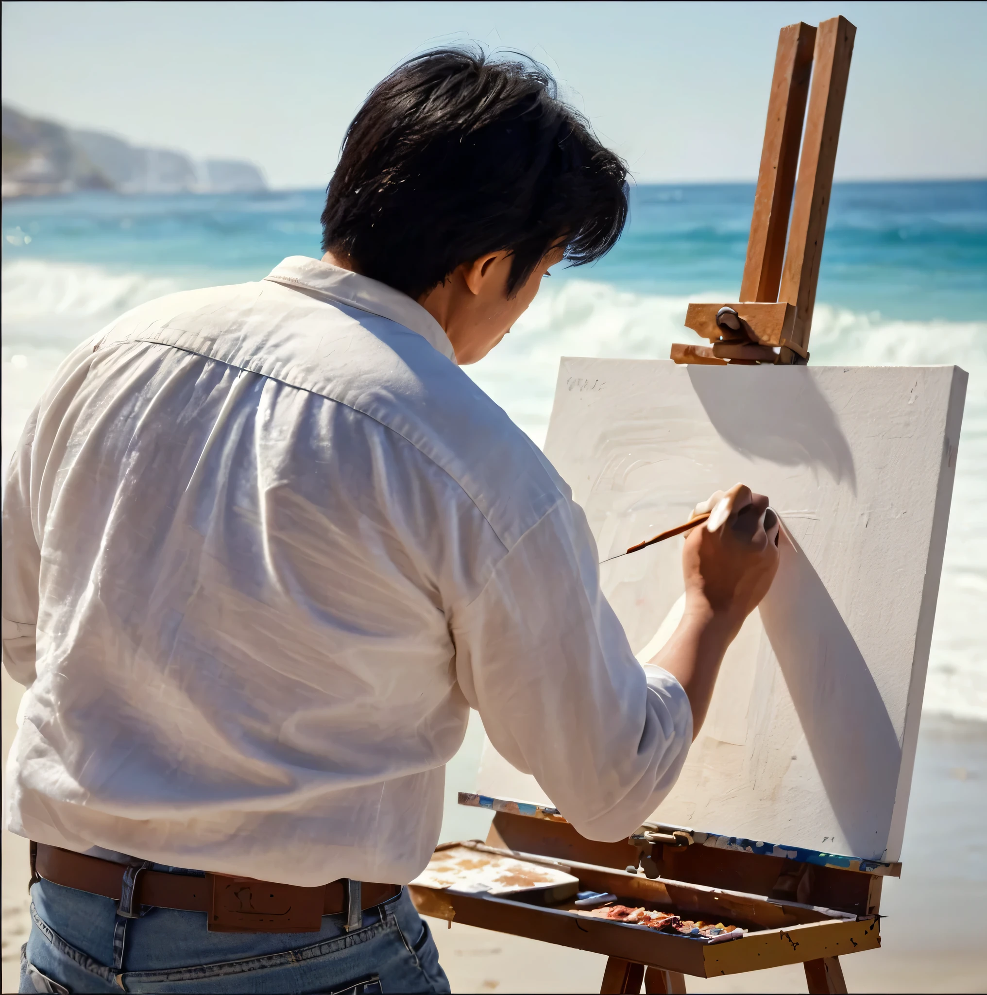 Generate an image of a 30-year-old Vietnamese male artist painting an oil painting on the beach. He has short black hair, wearing a white shirt and jeans, and is holding a paintbrush in one hand while standing in front of an easel. The scene is set on a sunny day with the artist deeply focused on capturing the beauty of the beach with gentle waves and a clear blue sky in the background.