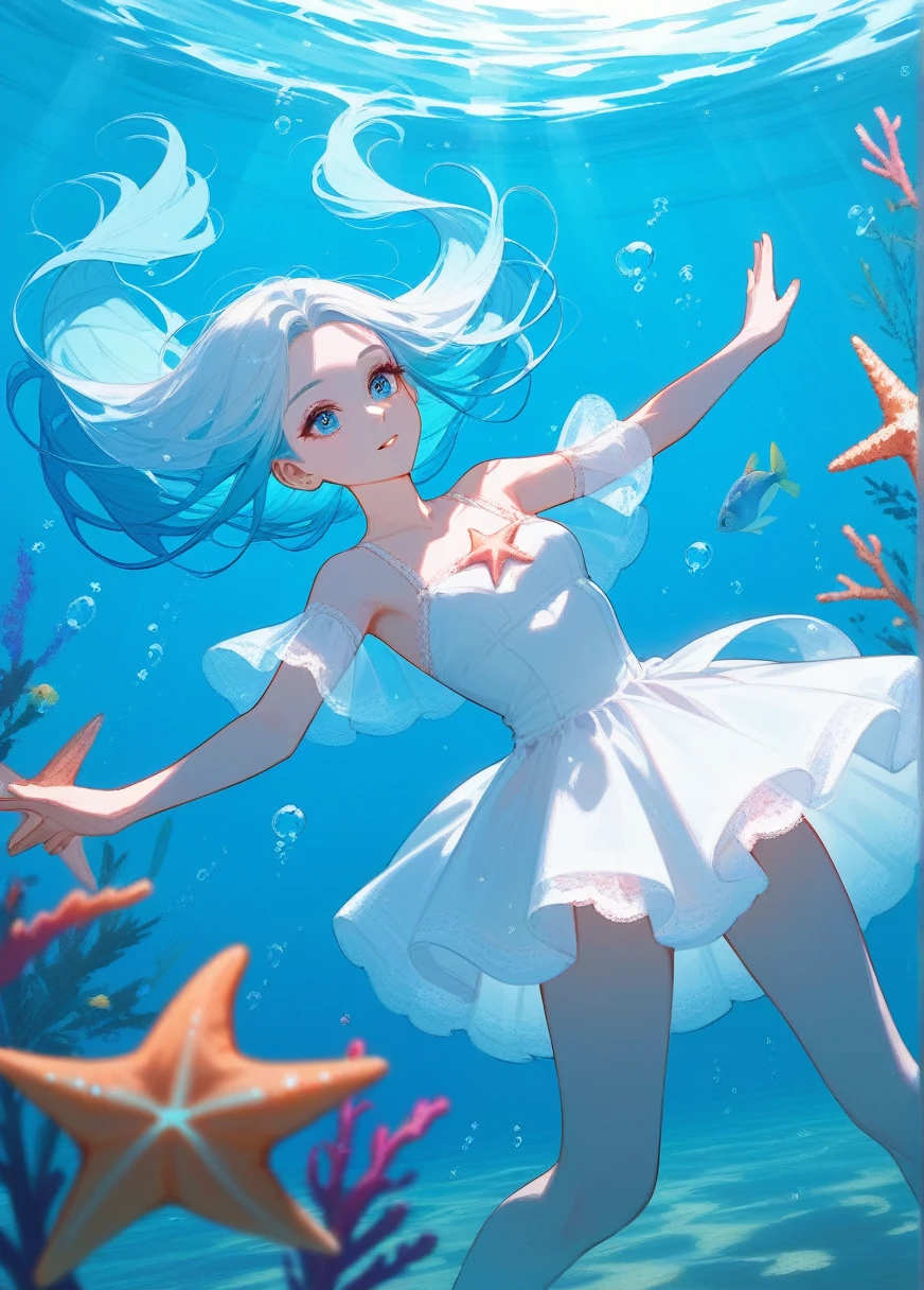 (Fraction_9,Fraction_8_Direction_7_up),1 Girl,blue gradient hair,White Dress,Lace,starfish,Eye, Scales,beauty的_Face,Underwater hair physics,bubble,light passes through water,reflection,Put in water,Water layer,A school of fish,beauty,