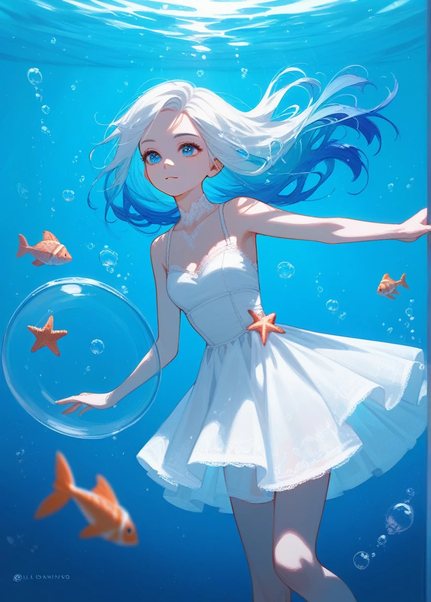 (Fraction_9,Fraction_8_Direction_7_up),1 Girl,blue gradient hair,White Dress,Lace,starfish,Eye, Scales,beauty的_Face,Underwater hair physics,bubble,light passes through water,reflection,Put in water,Water layer,A school of fish,beauty,