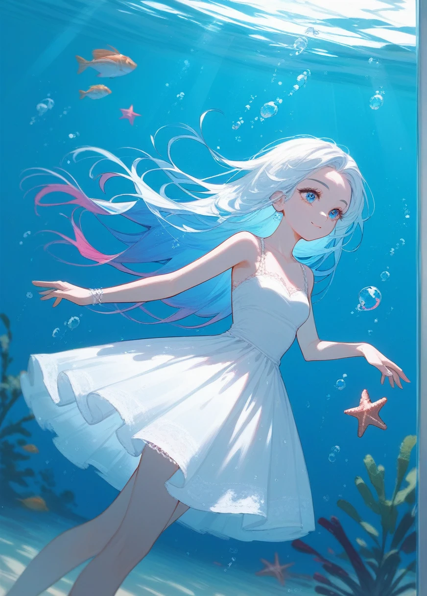 (Fraction_9,Fraction_8_Direction_7_up),1 Girl,blue gradient hair,White Dress，Lace，starfish，Eye, Scales,beauty的_Face,Underwater hair physics,bubble,light passes through water,reflection,Put in water,Water layer,A school of fish,beauty,