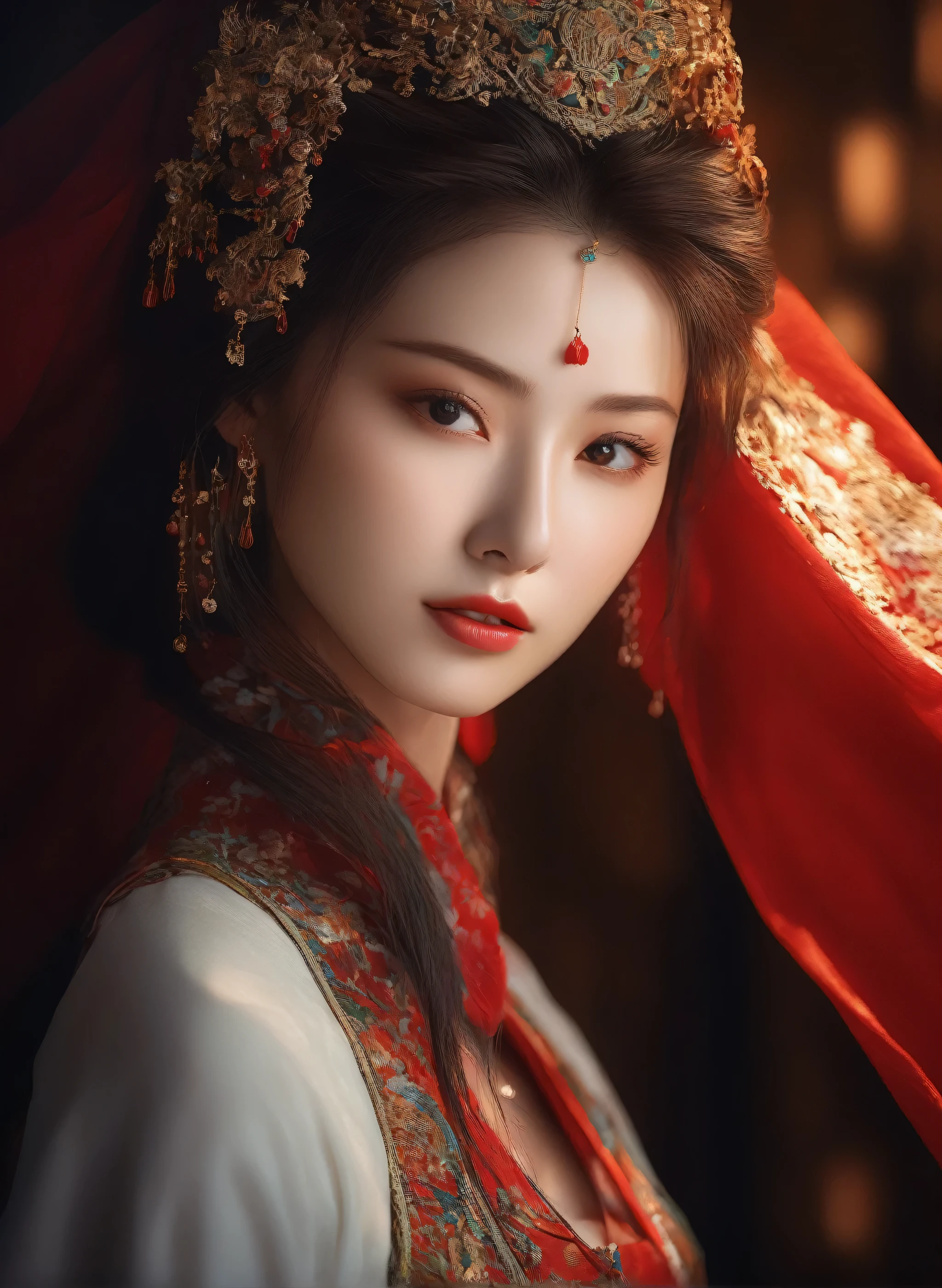 (masterpiece, best quality, Very detailed, The best shadow), (Detailed background), (Delicate face), High contrast, (Optimal lighting, Extremely refined), Colorful, Extremely detailed, Dramatic lighting, Beautiful background, Intricate details, (1 girl, Solitary, Colorful hair, Pointed face, Red Eyes, Hair between the eyes, Dynamic Angle, Red clothes), Looking at the audience, Blood,(Broken Gek Ring, in the room, whole body, Delicate eyes, beautiful eyes, 8K, 4K, best quality, masterpiece, beautiful eyes, realism